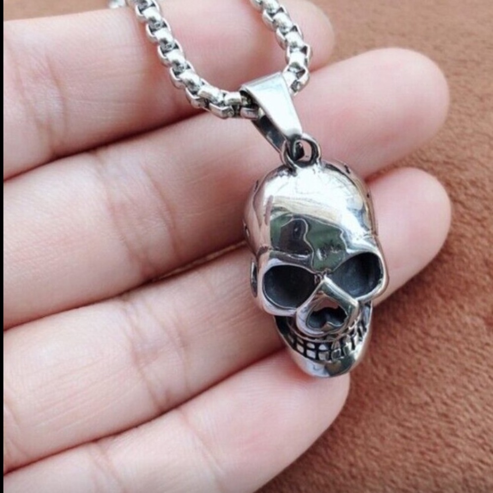 Silver Skull Pendant Necklace Steampunk Goth Biker Punk Jewelry NWT - Picture 5 of 9